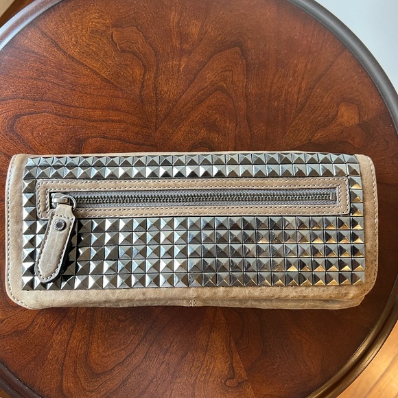 BCBGMaxAzria Handbags - BCBGMaxAzria Taupe  Clutch with Gunmetal Studs